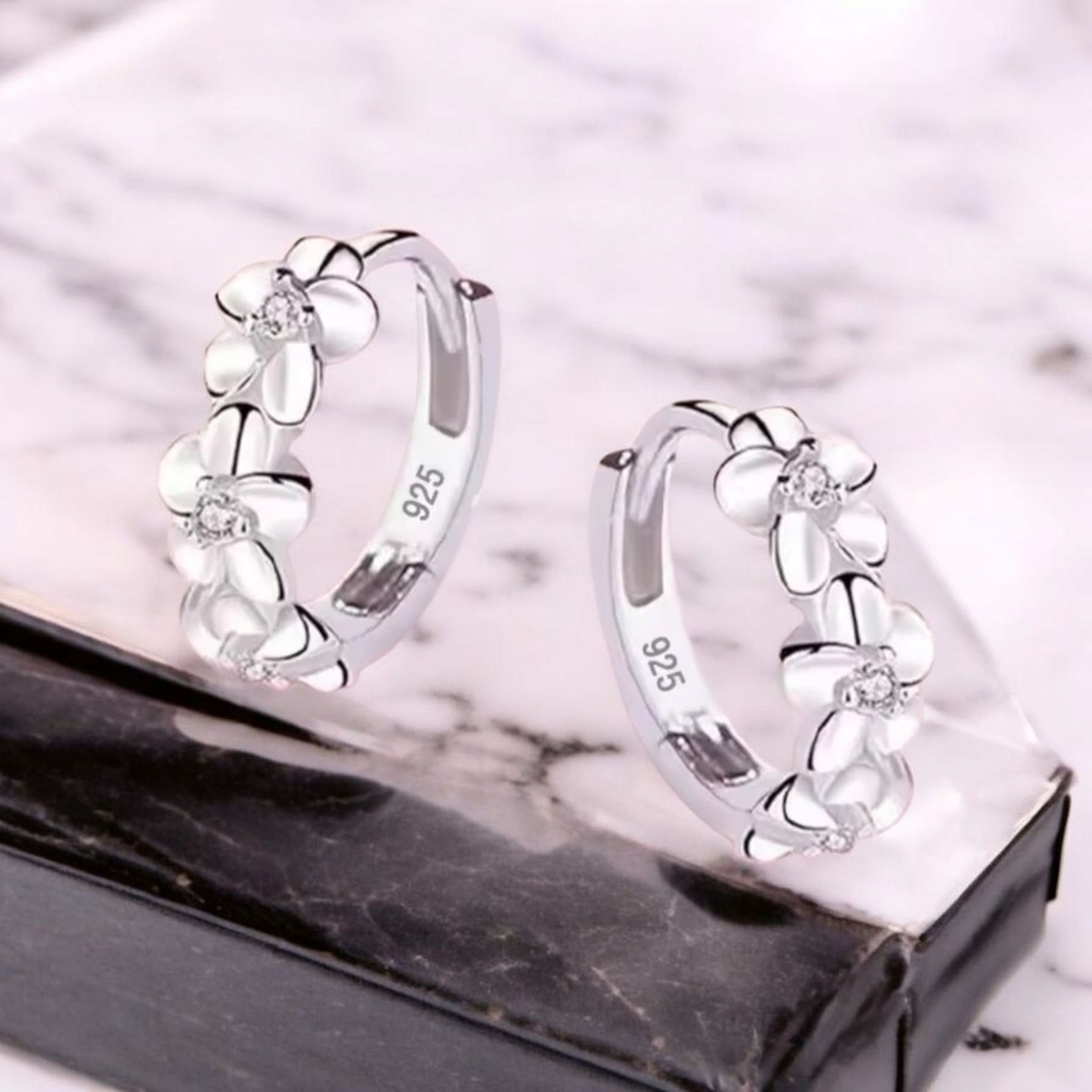 S925 Sterling Silver Floral Huggie Hoop Earrings CZ Flower Motif Dainty NEW